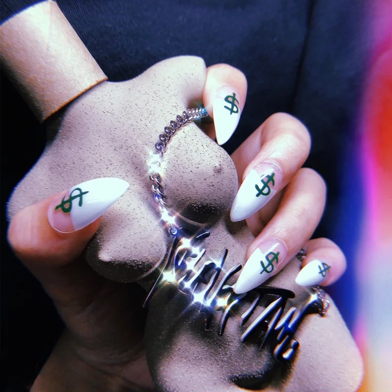 

24 Pcs Designed DIY Fake Nail Tips Full Cover Dollars Metallic Pattern Stiletto Press On Nails