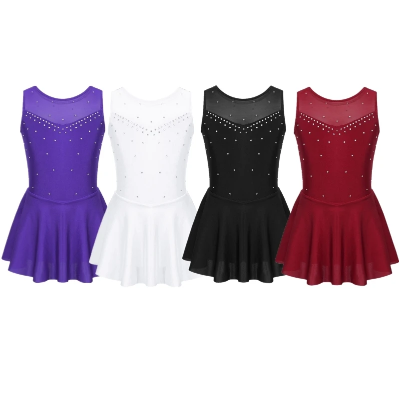 

Custom Ice Skating Dance Dress Girls Sleeveless Sparkly Rhinestone Tutu Skirted Gymnastics Leotard