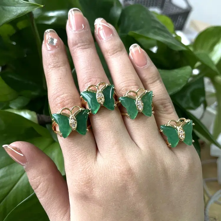 

2021 Hot Selling Women Jade Butterfly Ring Gold Plated Green Jade Rings For Ladies Wholesale, Gold silver