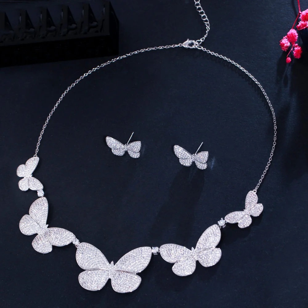 Full Micro Paved White Cubic Zircon Large Butterfly Stud Earrings and Necklace CZ Luxury Wedding Jewelry Sets for Women Brides