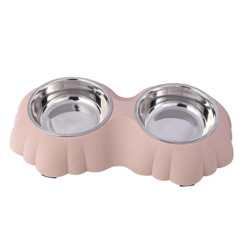 

Professional manufacturer portable pet bowl plastic flower stainless steel double bowl, Blue/pink/green