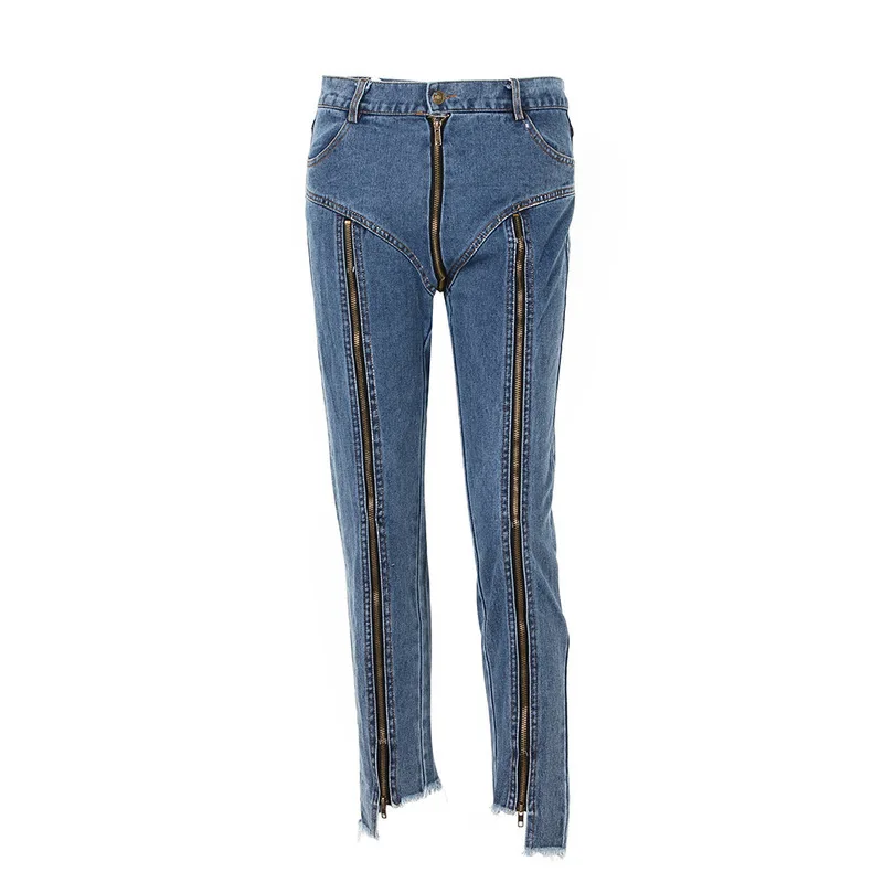 

2020 new arrivals fashion brand women zipper asymmetrical design pencil pants sexy high waist denim jeans