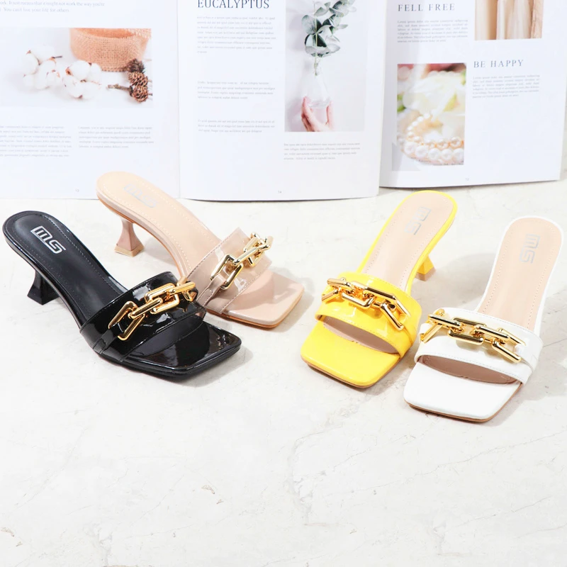 

2021 New Summer Slip On Slides Chains Square Toe Stilleto Heels Sandals For Women