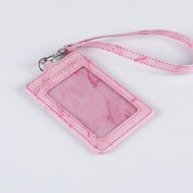 

High Quality Leather ID Badge Card Holder with wrist lanyard keychain, Wholesale marble PU Leather ID Card Holder for Business