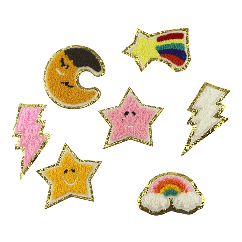 

self-adhesive chenille embroidered patches with gold glitter stick on star moon flash bolt rainbow patches clothing accessories