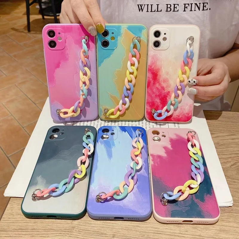 

watercolor liquid silicone phone cases with wrist bands for iphone 11 12 pro max