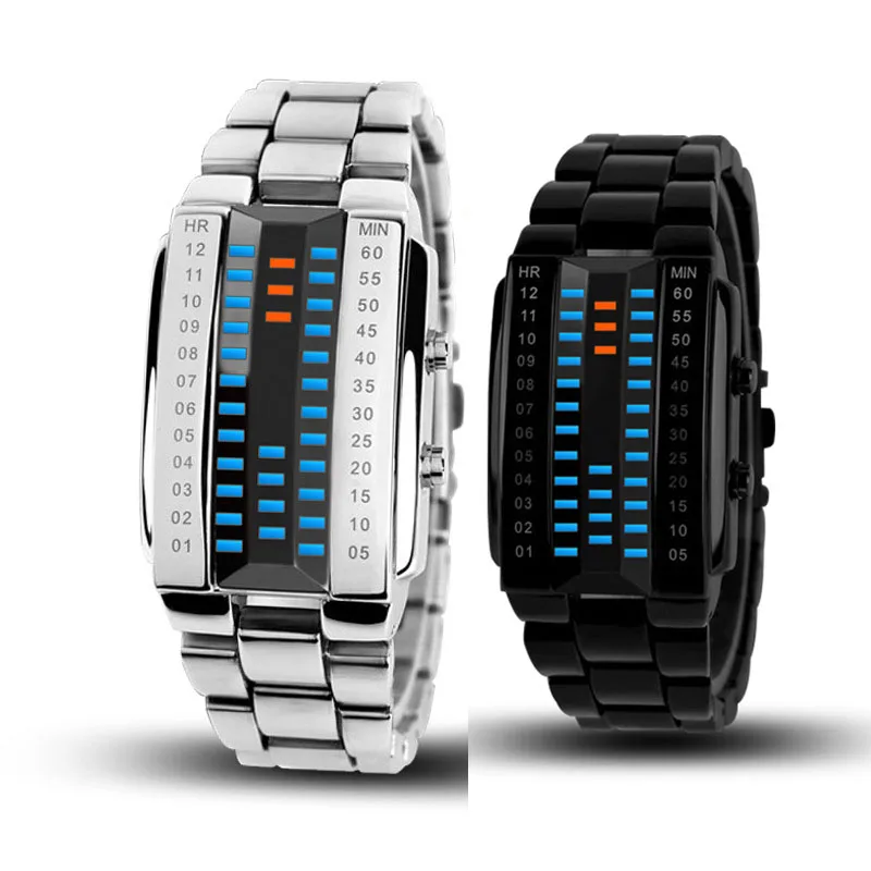 

waterproof 3D binary couple lover wrist watch Matrix LED business Stainless water proof unisex electronic binary led watch, Black, silver