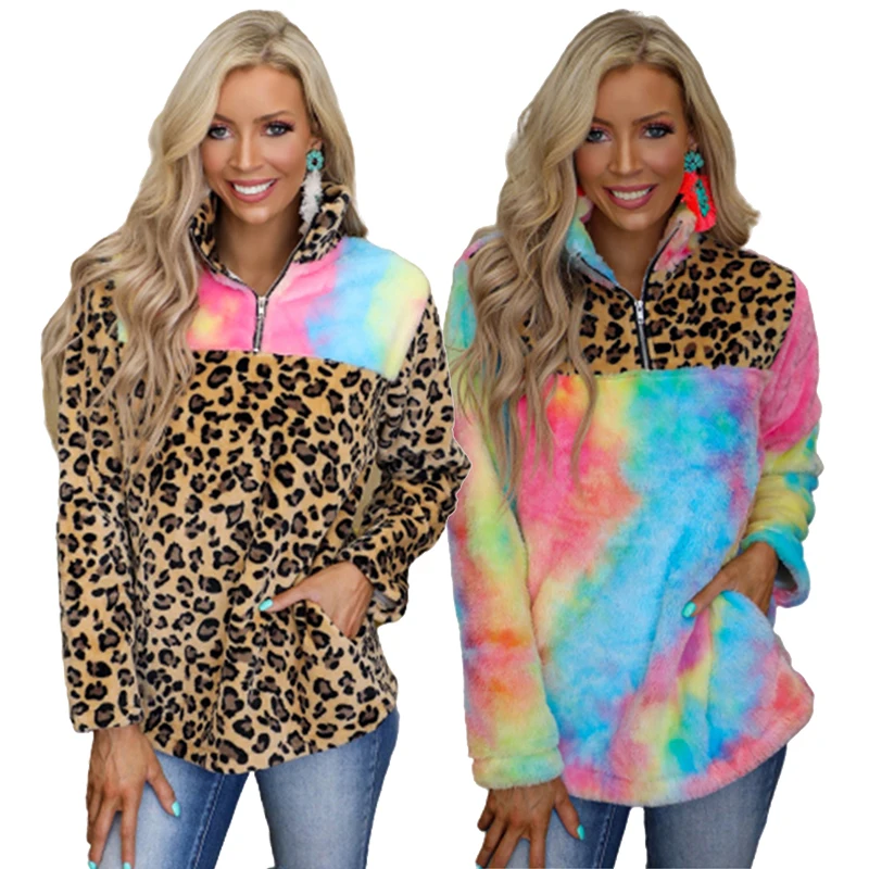 

Wholesale New Design Sport Running Tie-Dye And Leopard Zip Sweatshirt Outdoor Women Hoodie 1/4 Zip Pullover
