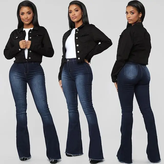 

Hot Sale High Waist Slim Stretch Denim Pants Women's Micro Flare Bootcut Jeans Casual Streetwear Long Pants, Dark blue