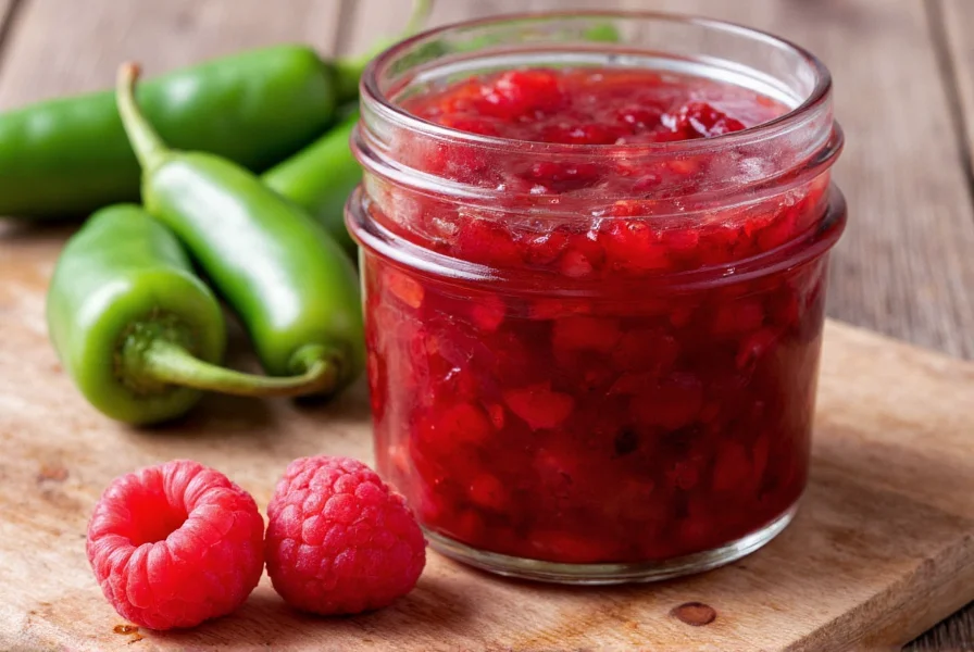 Close-up of raspberry pepper jam in glass jar with fresh raspberries and jalapeño peppers beside it