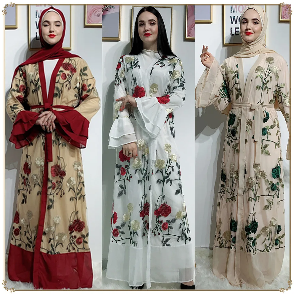 

New Arrival Lace Embroidered Women's Dress Flare Sleeve Middle East Robe in 2021 Latest Abaya Design