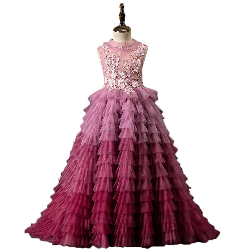 

Wholesale Gradient Appliques pleated layered Floor length pageant dress for performance gown for kids girl party purple