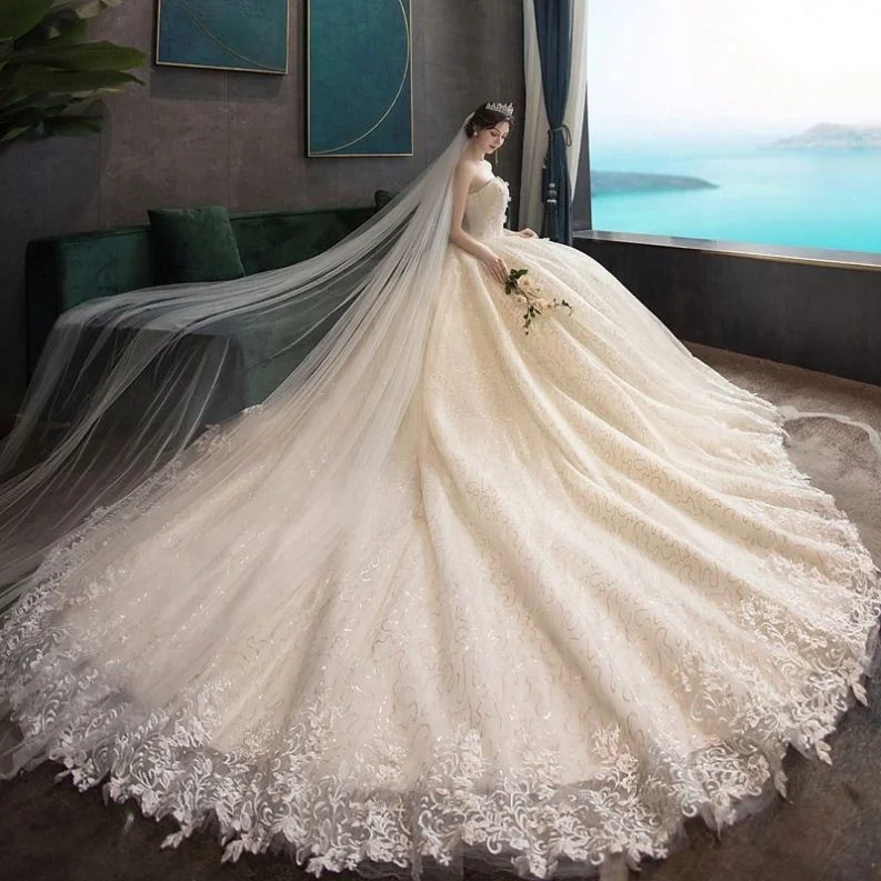 

Wedding Dress Flower Puff Sleeves Long Wedding Gowns Champagne New Married Sweetheart Lace Ball Gown for Bride Lace up Strapless