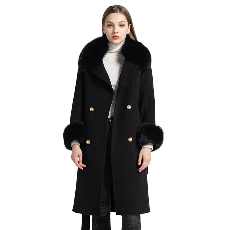 

Jancoco Double Face Warm Black Woolen Trench Coat Winter Women Long Cashmere Wool Coat with Fox Fur Collar, Customized color