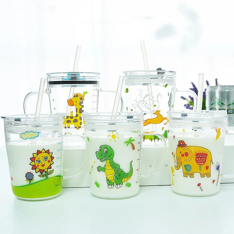 

Children's Milk Cup Glass Home Cartoon Drinking Breakfast Cup Straw mug 350ml Mugs Child Sippy Cup Drinkware