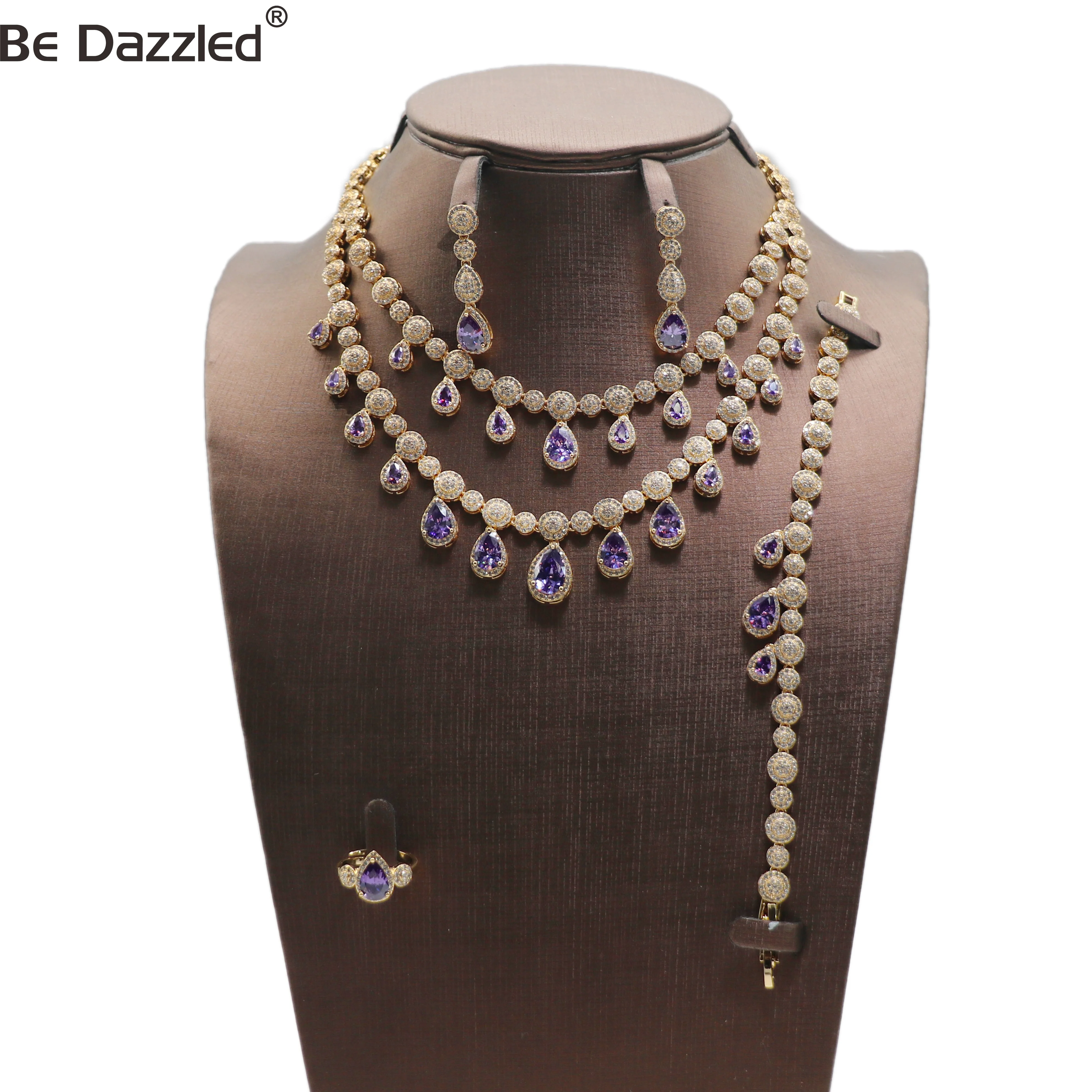 

New Purple Zircon Crystal Stone Two Necklace Earrings bracelet ring Gold color copper Bridal party full Four-piece jewelry set