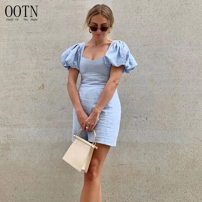 

OOTN Female Casual Solid Blue Vestidos Women Basic Sexy Short Sleeve Mini Dress Woman Summer Puff Sleeve Square Collar Dress