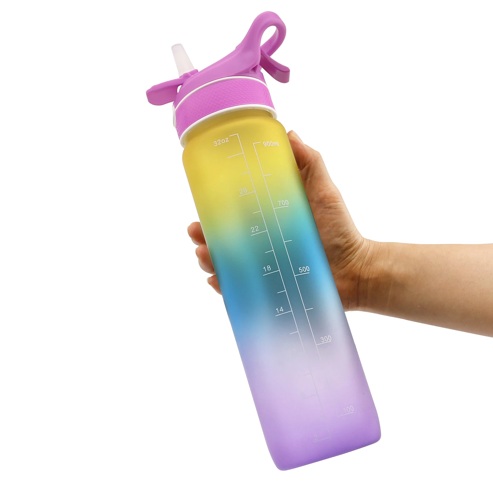 

2021 New Portable BPA Free 1L/32oz Tritan Plastic Spray Water Bottle, Blue+pink,blue+purple,pink+red,blue+green,yellow+blue+purple