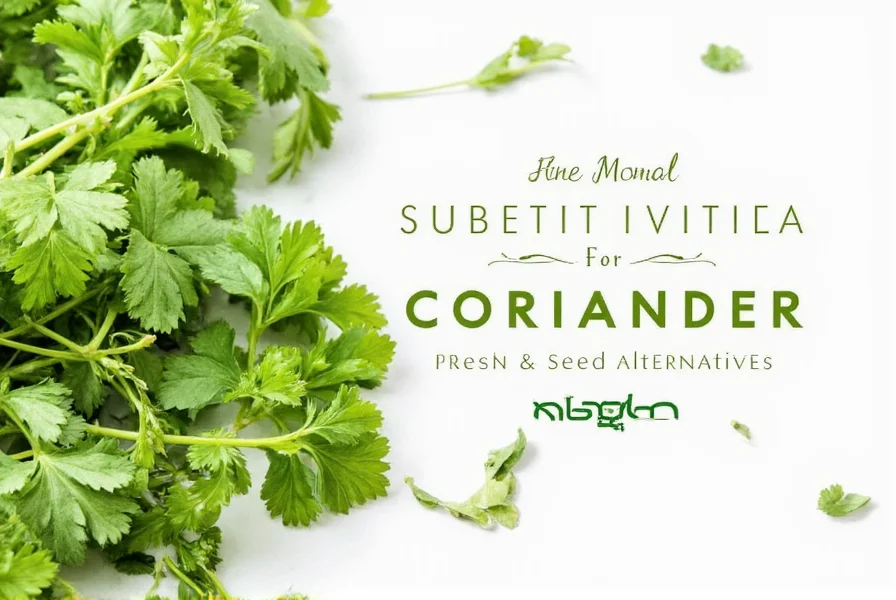 Coriander seeds and fresh leaves with common substitute ingredients arranged around them