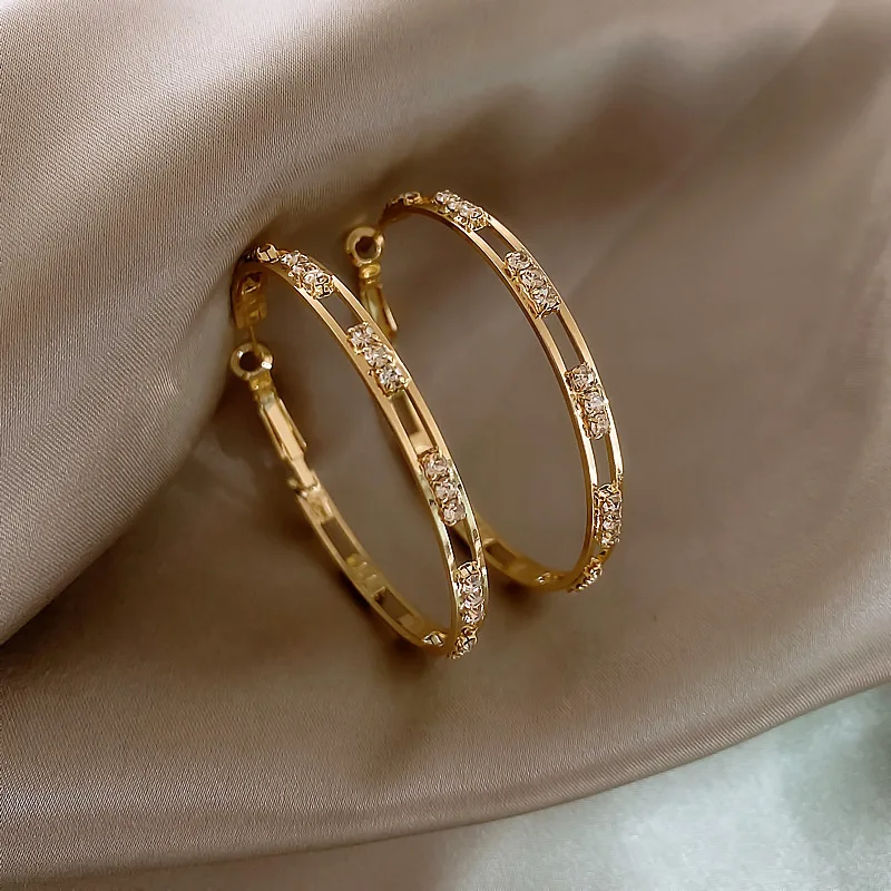 

s925 Silver Post Hollow Gold Crystal Hoop Earring Rhinestone Big Circle Hoop Clip On Earring For Women