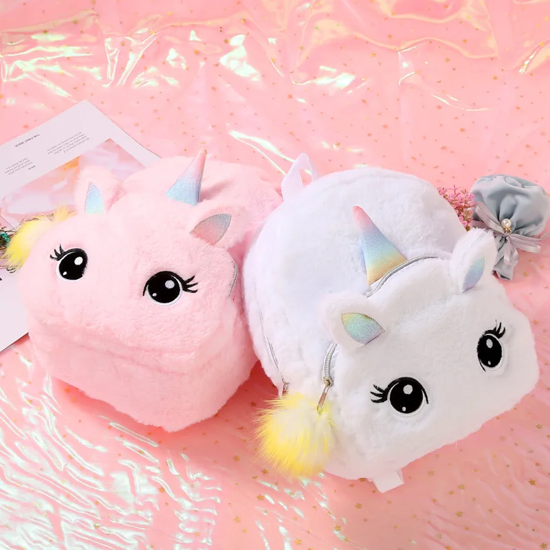 

Hot Sale White Plush Cute Soft Unicorn Backpack Children's Plush Ball Zipper School Bag, Customized