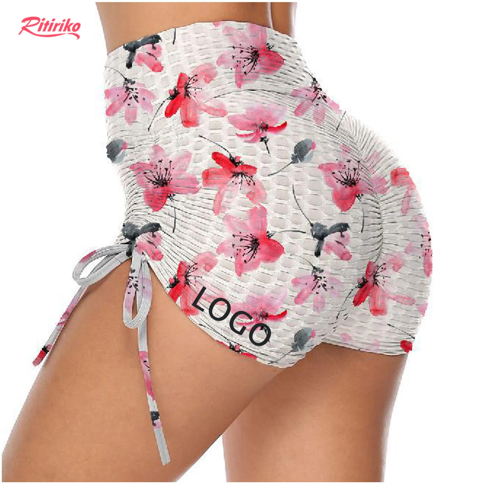 

Plus Size Drawstring Oriental Cherry Print High Waist Peach Buttock Ribbed Scrunch Butt Lift Stacked Tiktok Leggings Yoga Shorts