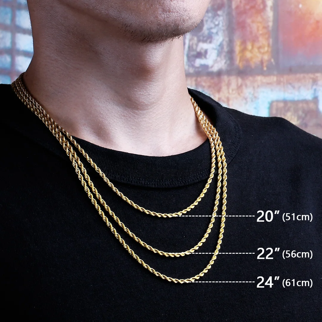 

Tarnish Free Hip Hop 18K PVD Gold Plated Men Stainless Steel Chain Necklace 3mm Silver Black Rose Gold Rope Chain Fine Jewelry