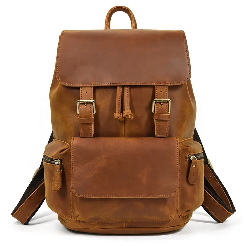 

High Quality Brown Backpack Stylish Simple Men Genuine Leather 16 Inch School Bag For Outdoor, Brown/dark brown