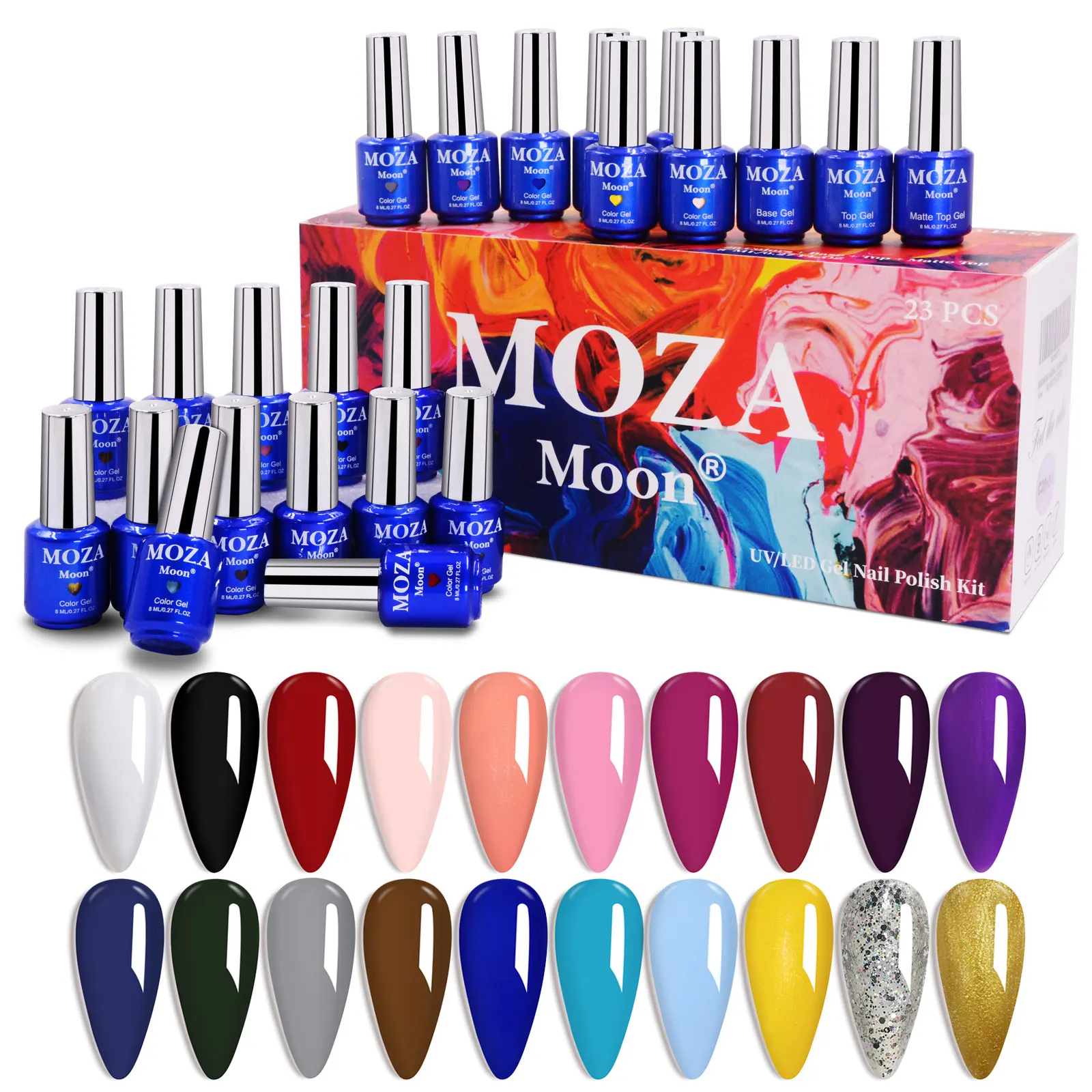20 Colors Nail Gel Collection with Base Coat and Top Coat Semi Permanent Soak Off UV LED Gel Polish Color Set 8ml