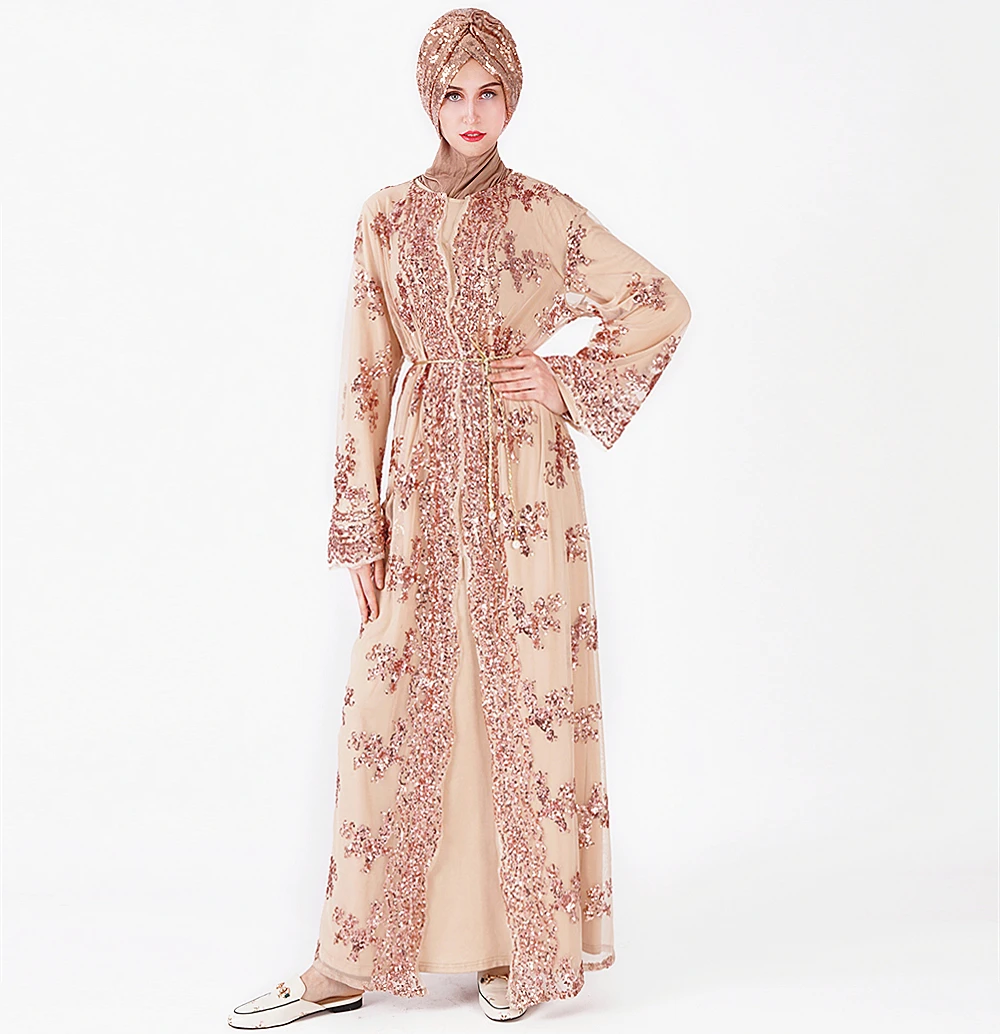 

2021 Dubai abaya luxury lace seamless embroidery embroidered abaya Muslim clothing, Black, white, champagne
