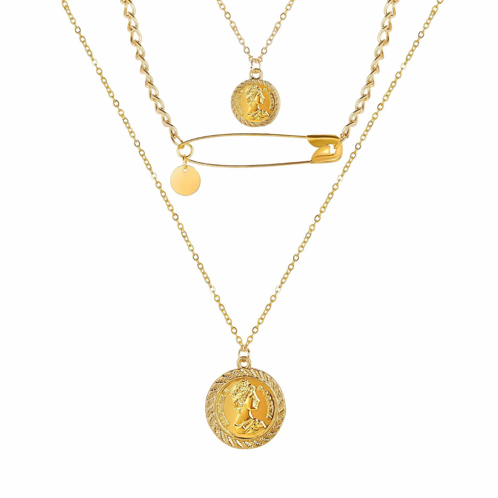 

Carved Coin Portrait Pendant Paper Clip Multi Layer Chain Choker Necklace Alloy Gold Plated Clavicle Chain Jewelry