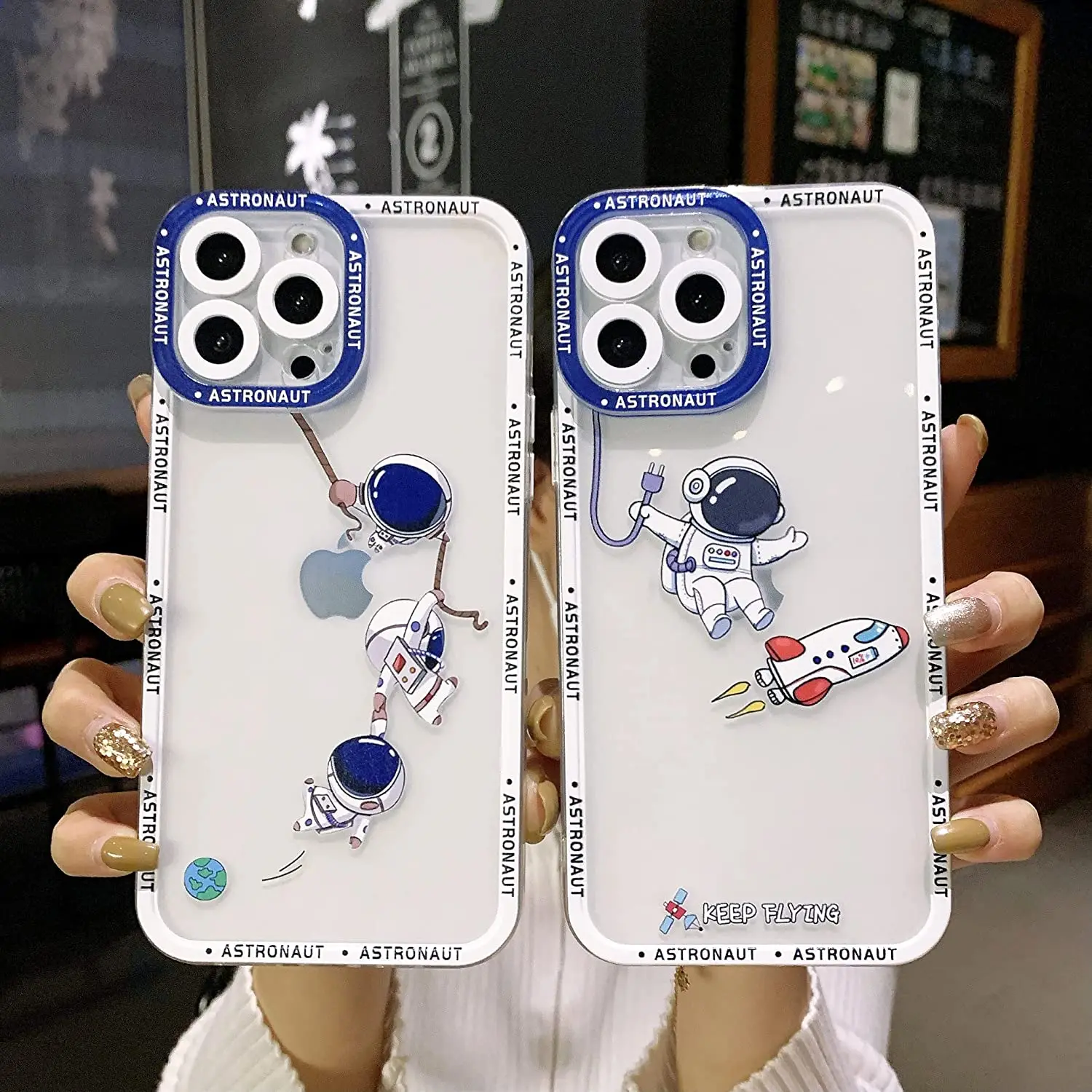 

Cute Crystal Clear Astronaut Space Planet Creative Pattern with Camera Cover for iPhone 13 Pro Max, Transparent