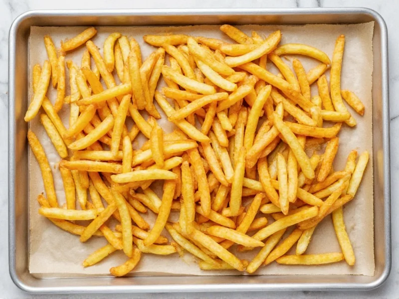 Golden crispy oven fries on baking sheet with parchment paper