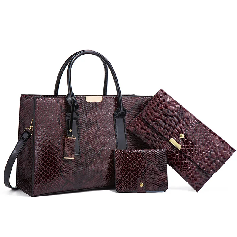 

Dark Brown Women Fashion Handbags Three-piece long shoulder Customized Artificia Leather Snakeskin Women's Tote Bags