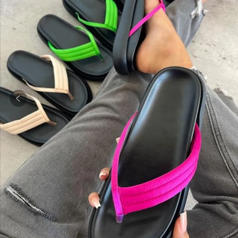 

Comfortable Thick Sole Slipper Fashion Women Sandal Summer Slip on Shoes Outside Slides Clip Toe Lady's Flip Flops, Green black apricot pink