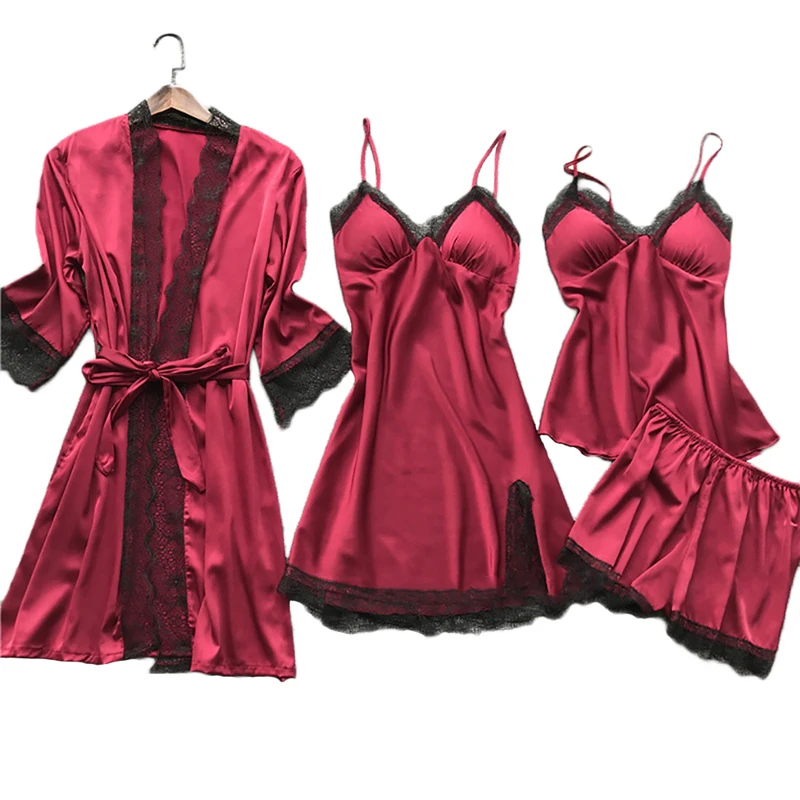 

Wholesale Pajamas Sets Satin Women Sleepwear Silk 4-piece Nightwear Strap Lace Sleep Lounge Pajamas with Chest Pads