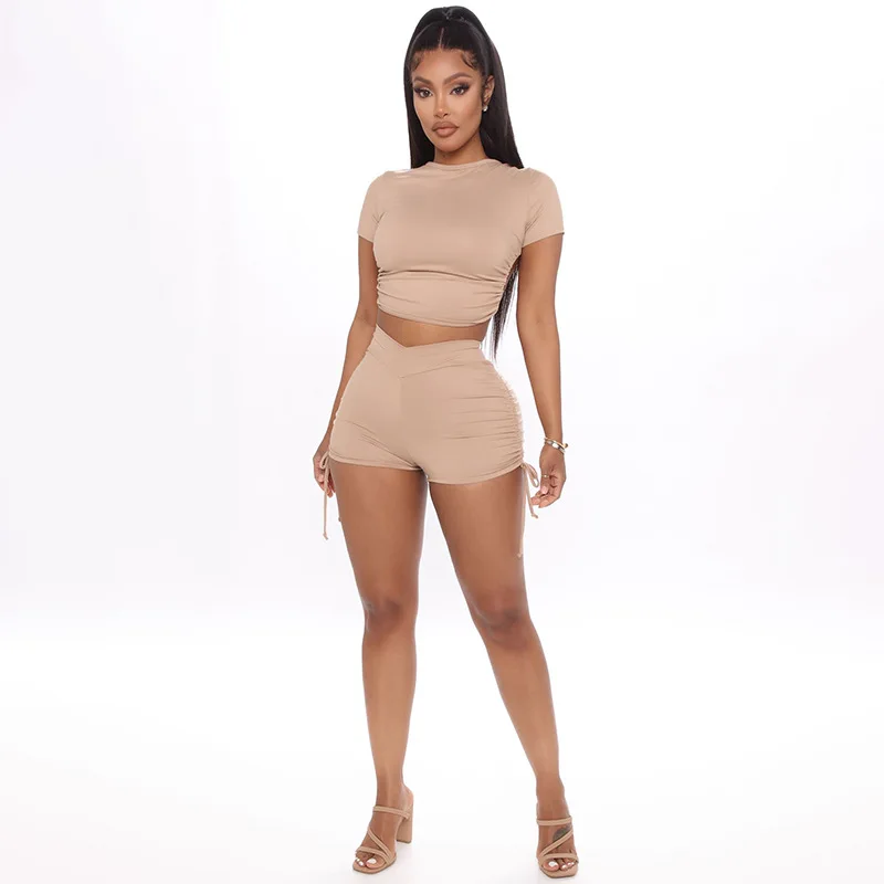 

Fashion Bodycon Two Piece Set Women Clothing Sexy Drawstring Backless Crop Top Outfits Short Women Two Pieces