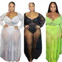 

New Arrival Autumn Fashion Woman Plus Size Mesh Perspective Sexy Two Piece Dress Set