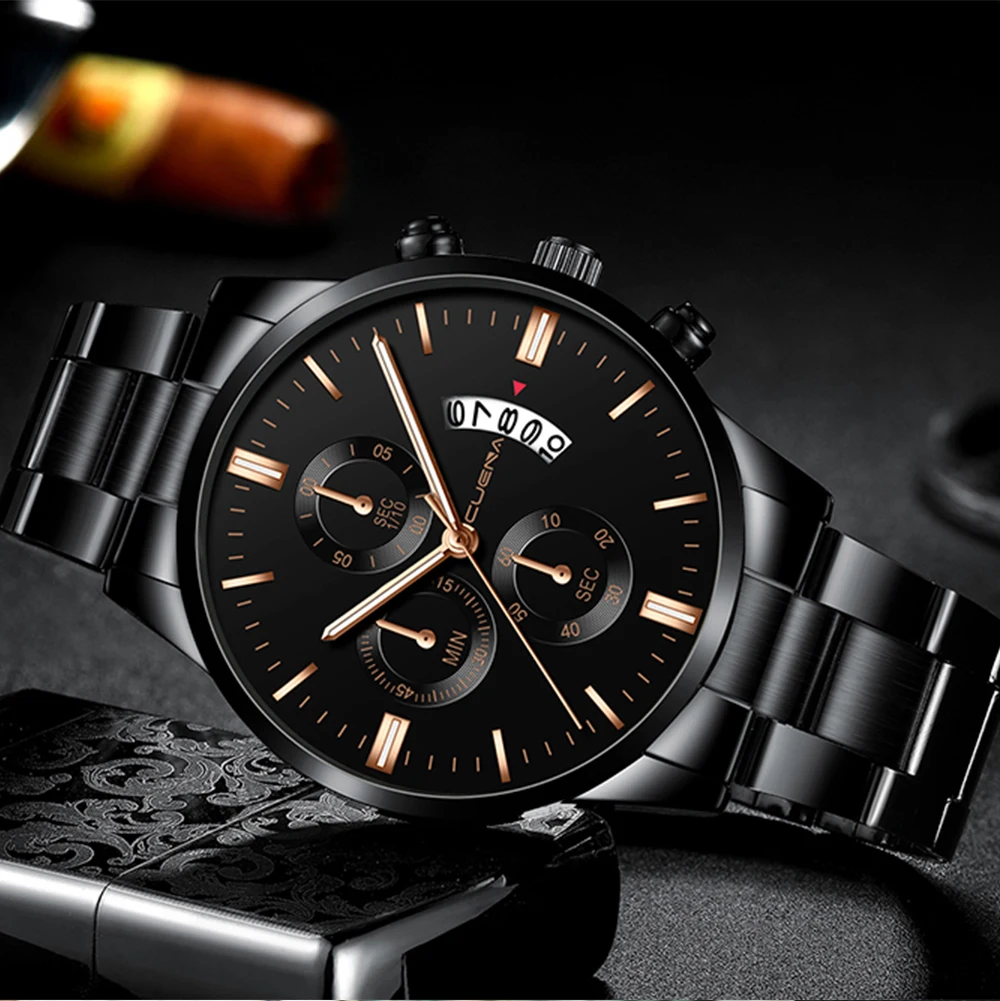 

CUENA 845 stainless steel bands quartz wrist black watch mens erkek kol saati, 29 colors