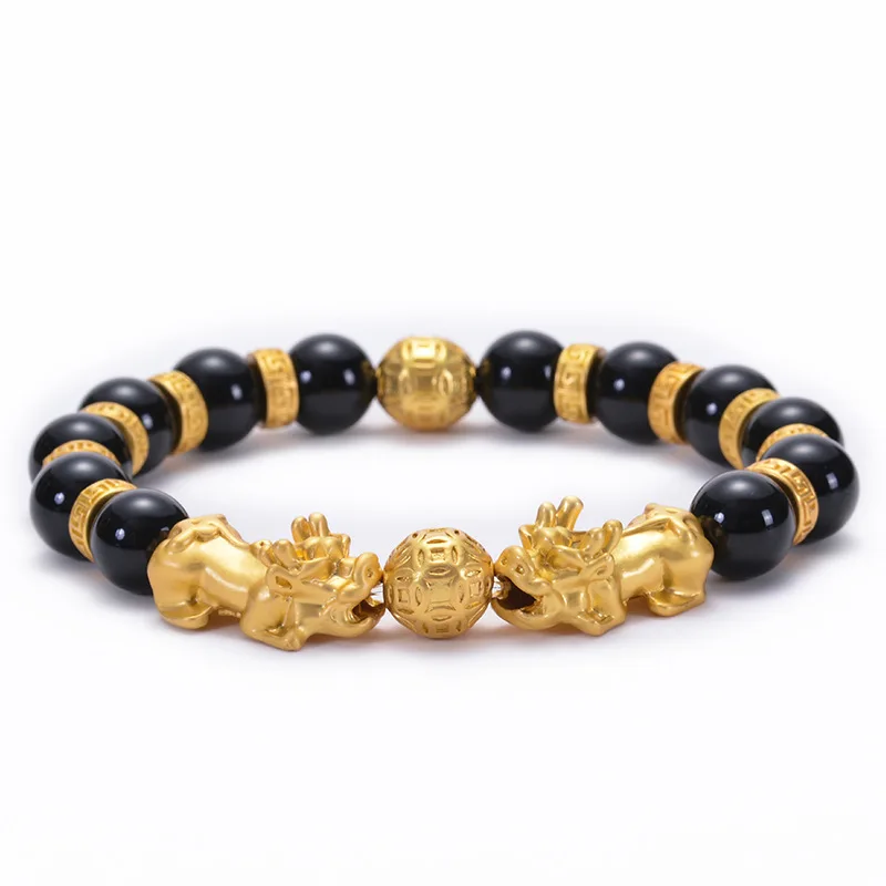 

Hot sale 10mm Feng Shui Bead Bracelet Black Onyx Wealth Good Luck Bucket Beads Pixiu Bracelet For Man, As picture