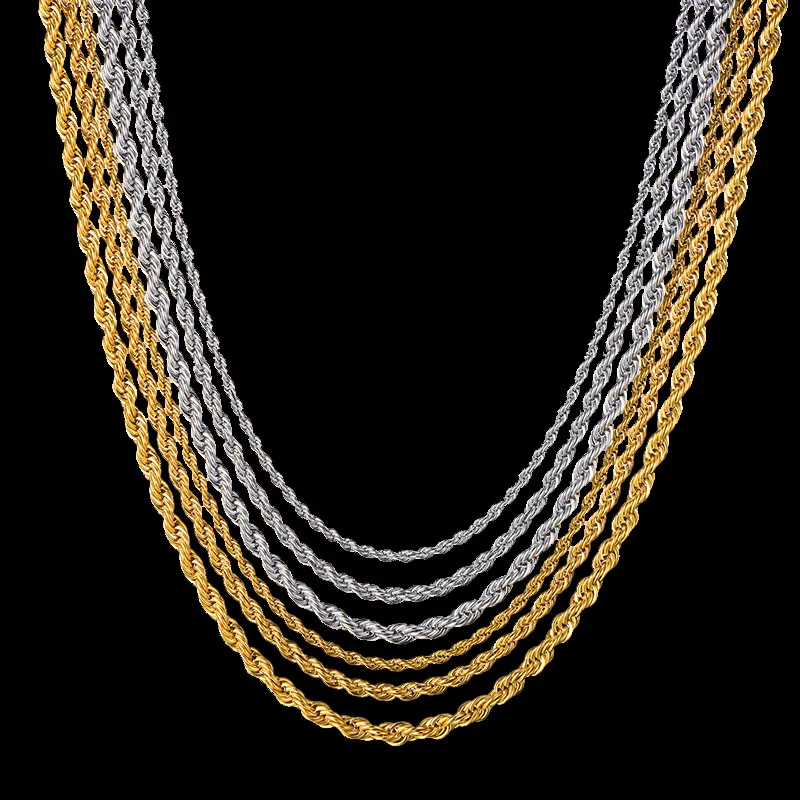 

Hip Hop 3/4/5MM Stainless Steel Necklaces 14k 18K Gold Silver Plated Rope Chain Men