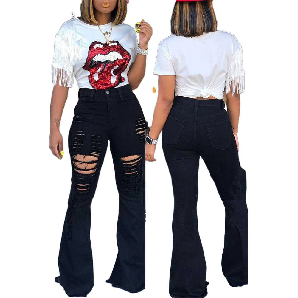 

2021 Autumn New Style High Waist Elastic Ripped Flared Jeans Women cargo trousers woman, Blue/black