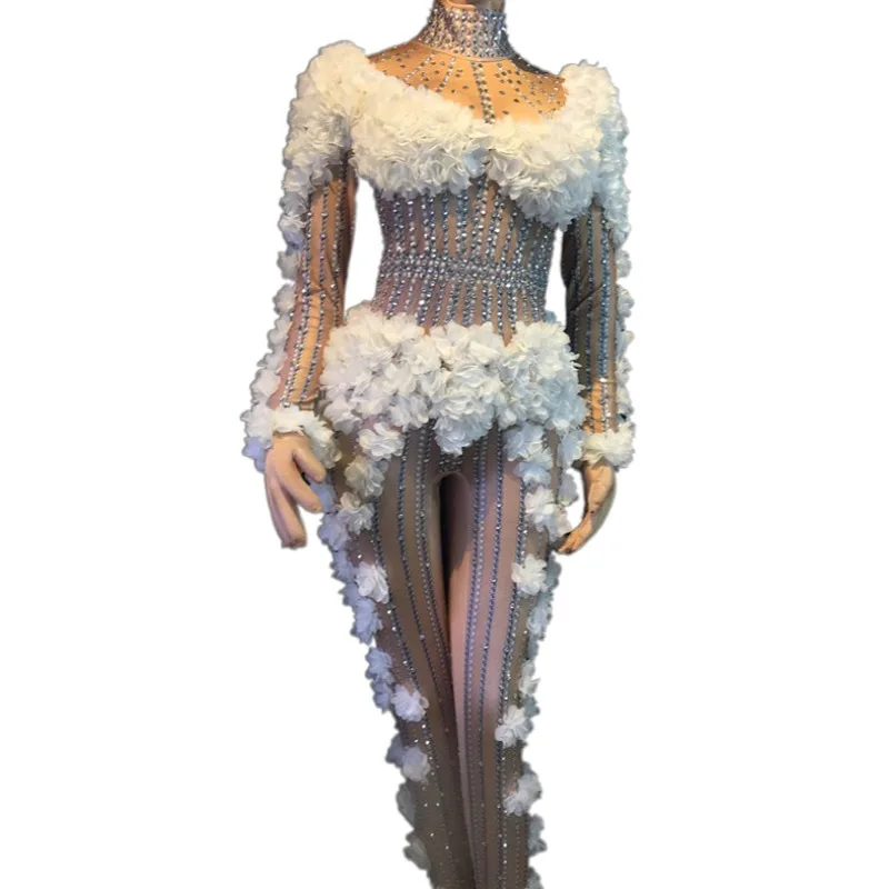 

Fashion Flowers Rhinestone Bodysuits Women Club Bodycon One Piece Jumpsuit Playsuits Stage Costume Singer Dance Performance Wear, White , pink