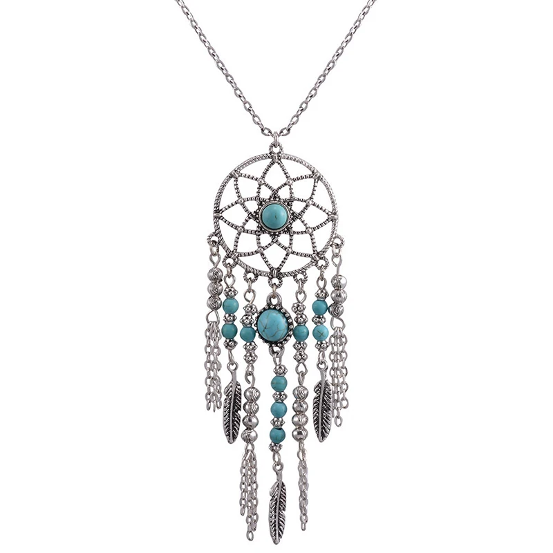 Vintage fringed feathers turquoise necklace bohemian jewelry dream catcher sweater necklace N175