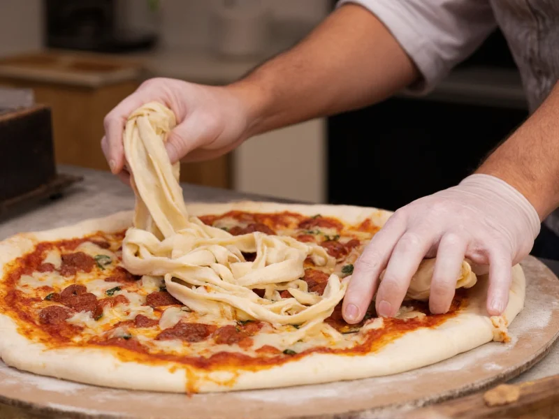 Pizza chef hand-stretching dough for craft pizza