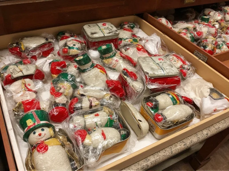 Snowman ornaments stored in labeled vintage tins with silica packets
