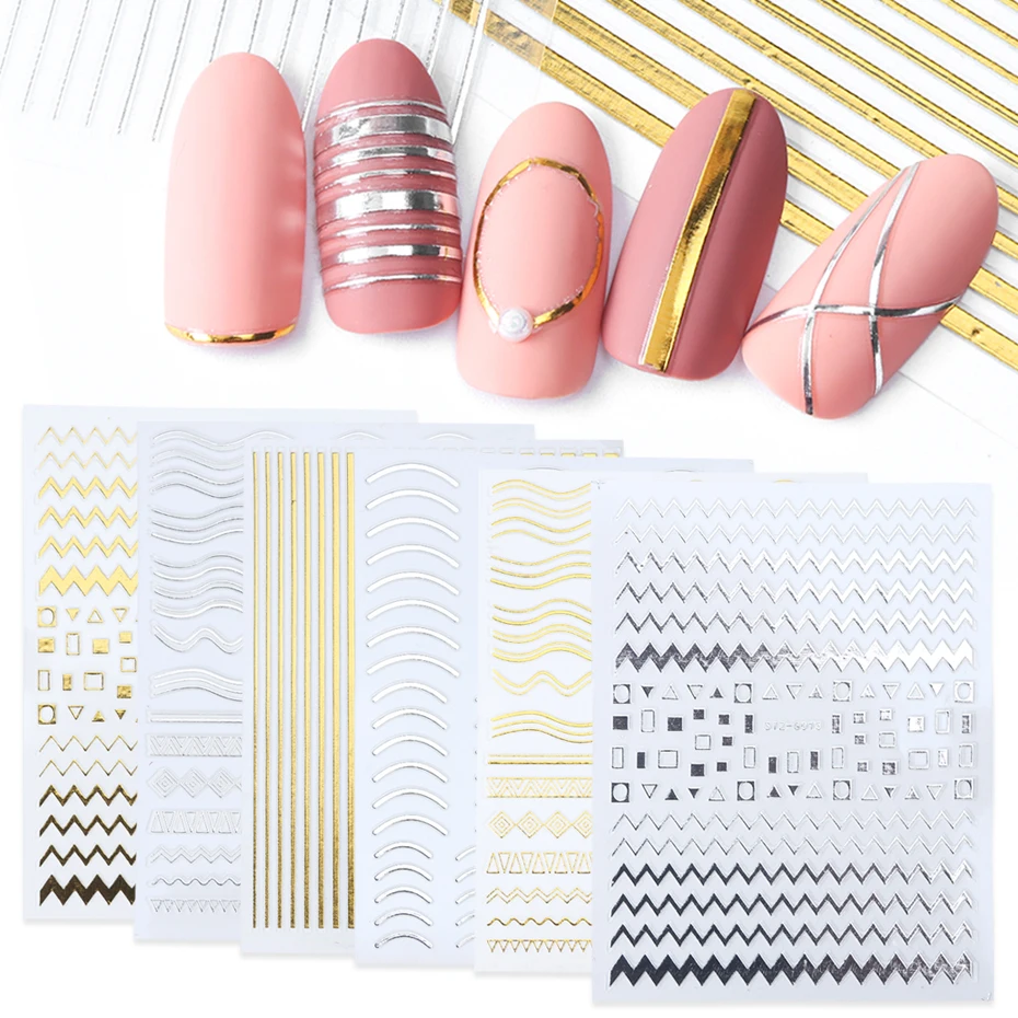 

Gold Silver 3D Sticker Nail Art Decal Geometric Metal Line Nails Sticker Straight Wave Pattern Nail Sticker, Picture