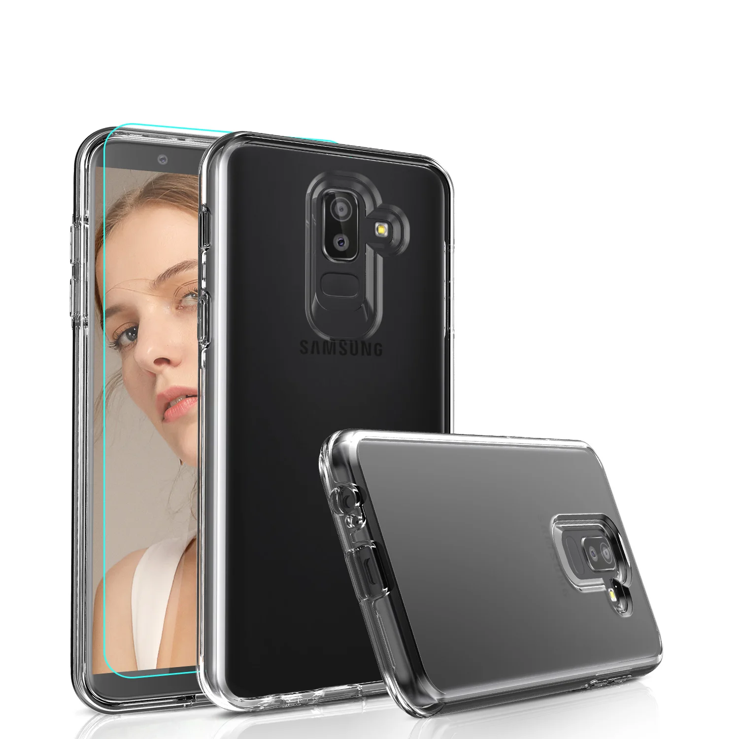 

LeYi For Samsung Galaxy J8 Case With HD Screen Protector, Fundas Para Celulares 2 in 1 TPU + PC Double Layer Phone Case, Clear