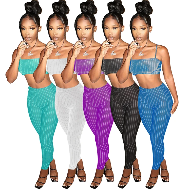 

DUODUOCOLOR Fashion leisure stripe suspenders crop top sexy two piece sets for women printed clothes D98069