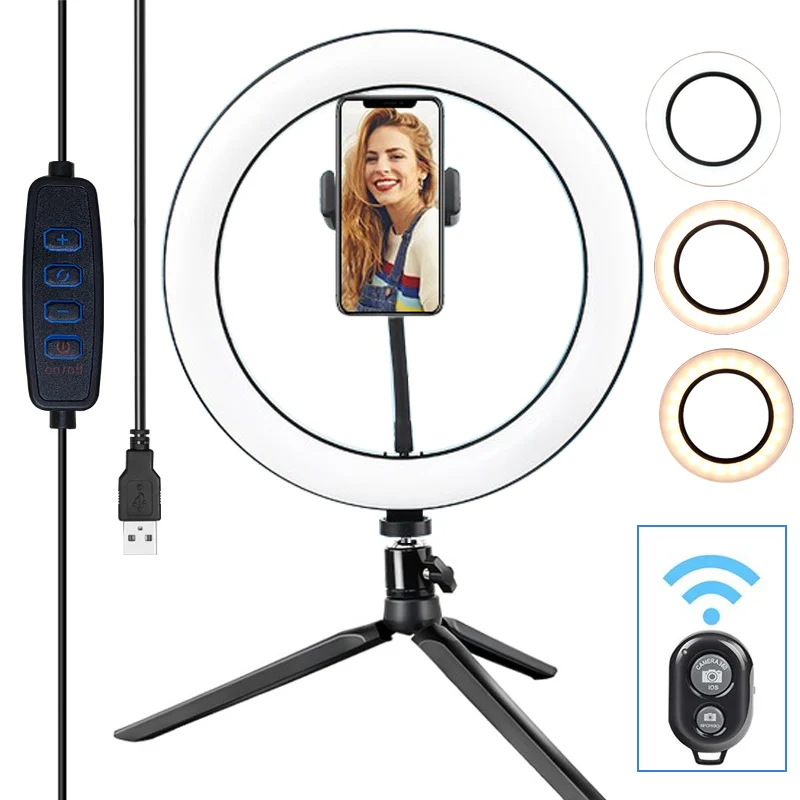 

10inch Photography LED Selfie Ring Light 26cm Dimmable Camera Phone Ring Lamp With Stand Tripods For Makeup Video Live Studio, Black